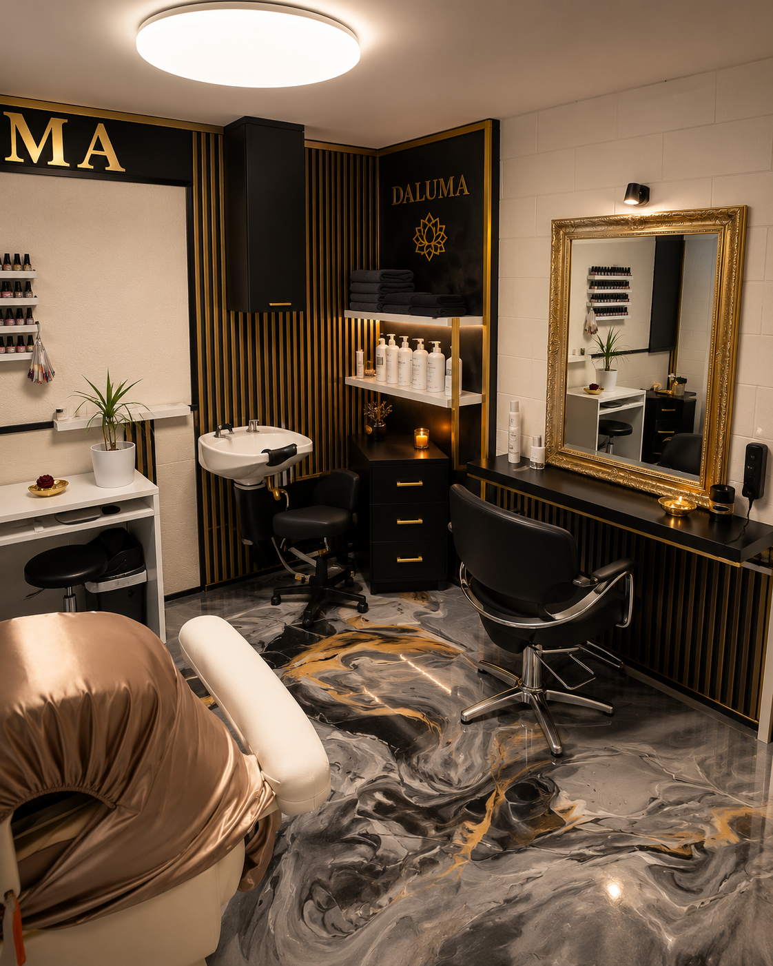 Eleganter, ruhiger Beauty-Salon mit warmem Licht